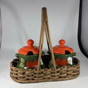 Vintage Keramik Zeller "Eden " Pottery Green Pattern Pickle Jar Set W/Basket 70s